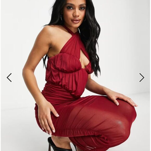 ASOS Design Nordstrom halter mesh ruched midi dress in red size 6 NWT - Picture 4 of 16